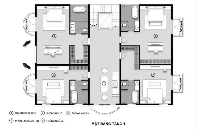 Mặt bằng bố trí nội thất tầng một biệt thự 15x15m